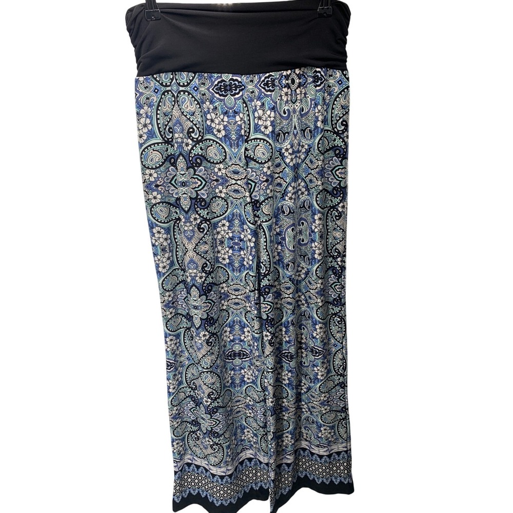 Apt 9 Womens Wide Leg Palazzo Pants Blue Paisley Floral Foldover Waist M